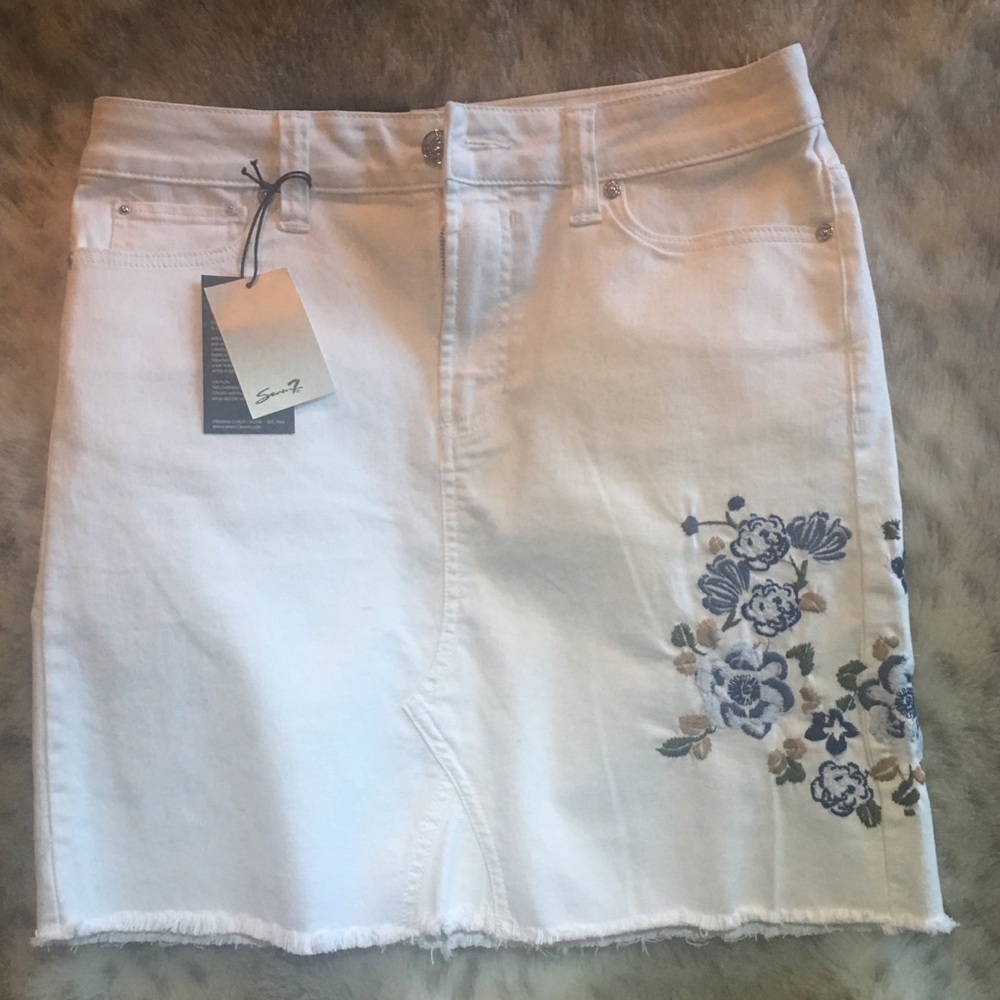 Seven7-White Embroidered Stretch Jean Skirt